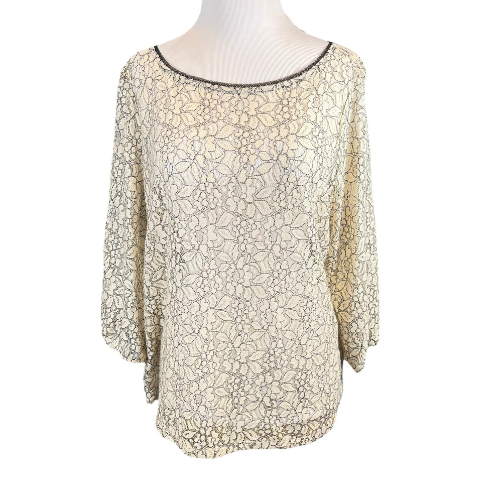 LOFT Cream Floral Lace Button Back‎ Blouse Romantic Feminine Top Large